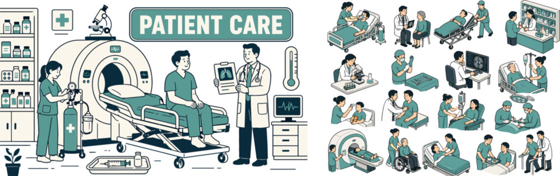 Hospital Treatment Care banner, clean focused hospital treatment scene with three healthcare characters around a large oversized MRI scanner and a large hospital bed, one nurse checking oxygen, one
