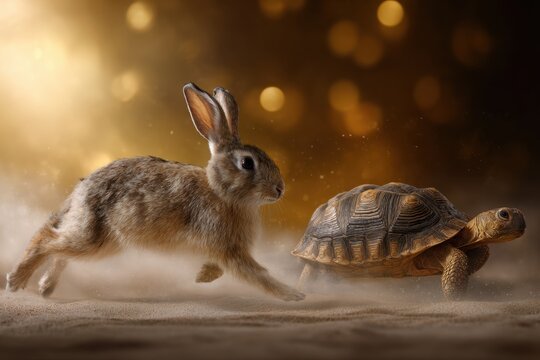 A fast-moving rabbit chases a slowly walking tortoise in a golden glowing, dusty environment symbolizing determination and contrast between speed and patience