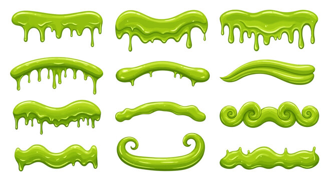 green slime dripping and flowing in various gooey shapes perfect for monster halloween borders or a toxic cartoon background design