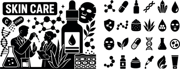 Fototapeta premium Skincare Ingredient Science. Solid black glyph-style banner for skincare ingredient science scene, with one dermatologist and one beauty specialist examining serum formula, oversized molecule