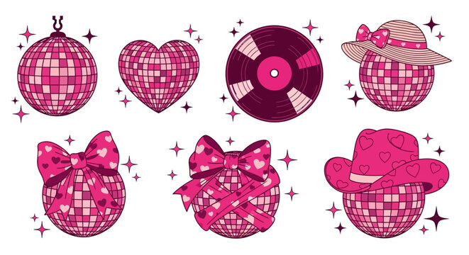 pink disco ball valentines day party design and love concept collection with heart vinyl record and cute hats.