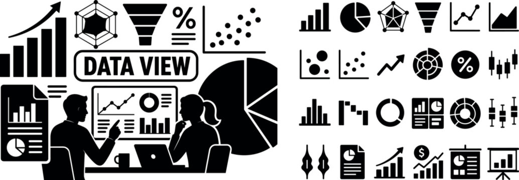 Data Visualization Analytics. Solid black glyph-style banner for data visualization analytics scene, with two analysts reviewing a business dashboard, oversized bar chart and giant pie chart