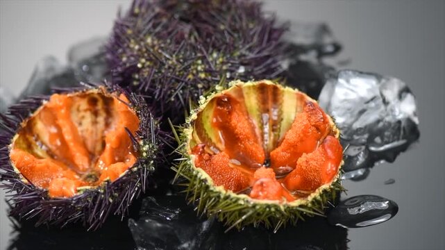 Sea Urchin rotating over black background, close-up. Fresh spiny sea urchins with ice delicatessen food. Traditional Mediterranean delicatessen. Macro shot. Slow motion 