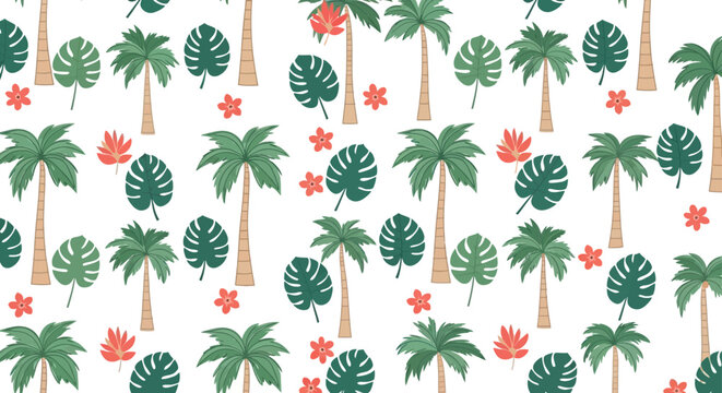 seamless tropical summer pattern featuring green palm trees monstera leaves and vibrant red flowers on a white background