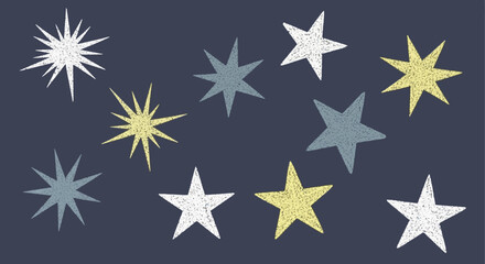 Obraz premium whimsical textured stars in various white yellow and blue shades twinkle on a dark background ideal for festive decorative design.