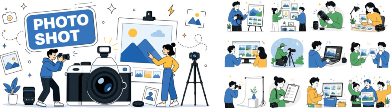 Camera Photo Capture. Clean editorial banner with one main scene about photo camera and visual capture: two geometric characters work beside a large oversized camera and a big photo preview board,