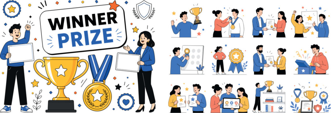 Awards Trophy Set. Clean editorial banner scene about trophy cup, medal, winner prize, awards, achievement, and recognition with one oversized trophy and medal ribbon stretching edge to edge, one