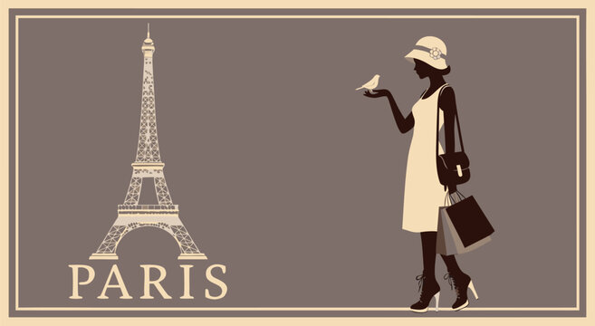 Elegant Paris vector illustration with a silhouette of a woman holding a bird and the iconic Eiffel Tower, evoking travel and romance