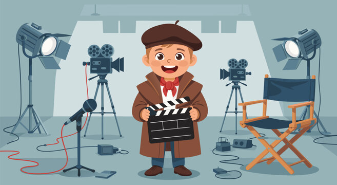 A delightful vector illustration of a young boy dressed as a director holding a clapboard on a film set with vintage cameras and lights