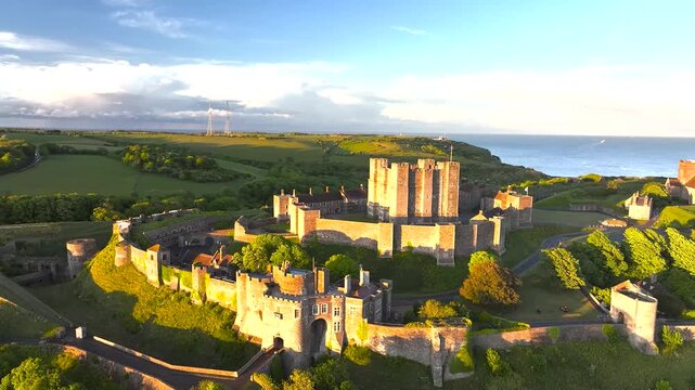 Dover Castle from a drone, White Cliffs, Dover, Kent, England