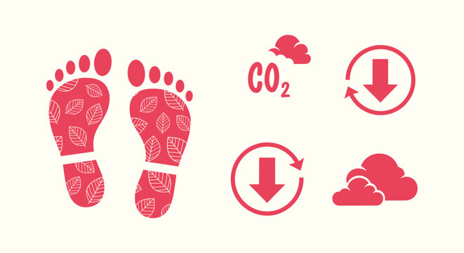 Carbon footprint reduction icons with pink footprints, leaf pattern, CO2 cloud, and down arrow symbols.