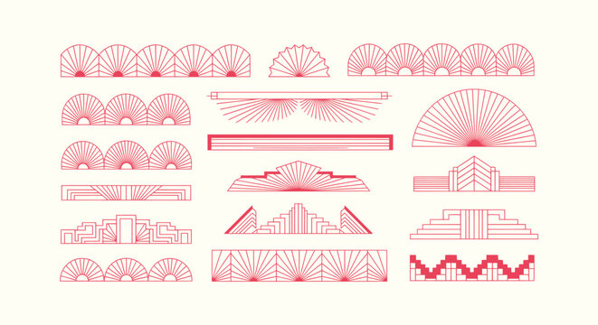 Red Line Art Deco Ornaments Collection with Geometric Fans and Vintage Retro Decorative Dividers