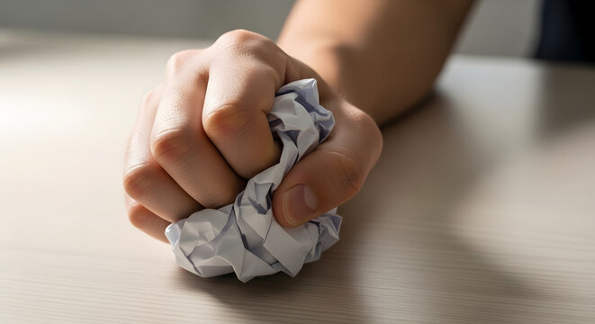 Close up of a persons hand tightly crushing a crumpled piece of paper, symbolizing frustration and creative block. This image can represent stress, anxiety,