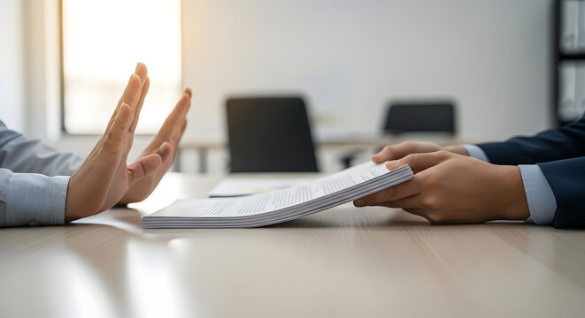 Person refusing to accept documents or contract from another person across a table, symbolizing rejection or disagreement in business negotiations or legal matters.