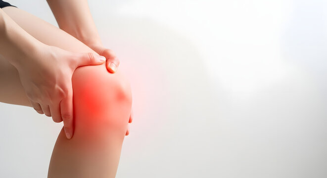 Person holding knee with visible red pain indicator, representing joint discomfort and medical issues. Useful for healthcare advertising, physical therapy promotion, or articles on sports injuries.