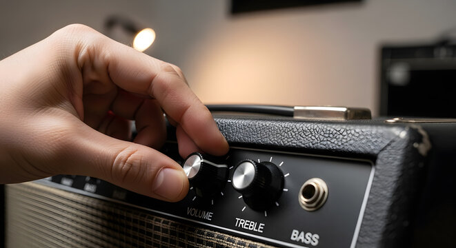 Hand adjusting volume knob on guitar amplifier. Concept of music production, sound engineering, and audio control. Useful for articles on music, technology, and creative arts.