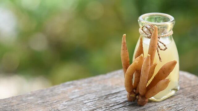 Fingerroot rhizomes and fingerroot juice on natual background.