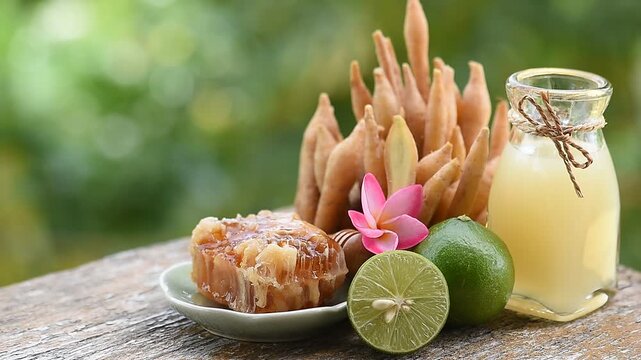 Fingerroot rhizomes and fingerroot juice mix lemon juice and honey on natual background.