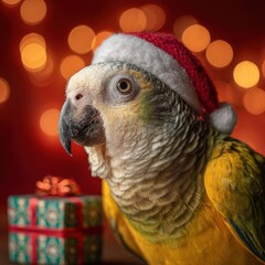 Fototapeta premium Yellow and green parrot wearing a festive red and white knit hat with holiday gift and glowing warm lights in background celebrating Christmas spirit