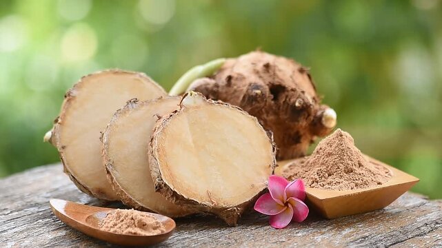Curcuma latifolia roscoe rhizome ,slices and powder on natural background.