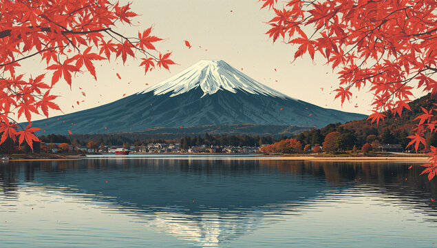 秋の紅葉に囲まれた湖畔から富士山を望む落ち着いた和風風景