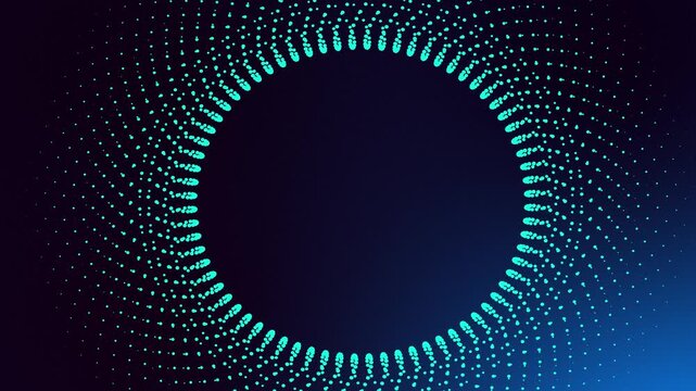 Abstract rotating spiral of teal blue particles creating round frame on dark navy blue background with smooth zoom motion and central copy space