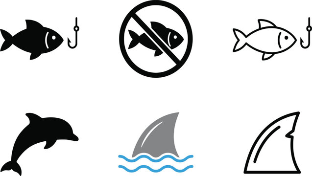 Professional collection of fishing and marine life icons including fish silhouettes with hooks no fishing signs and shark fin symbols