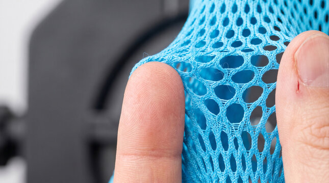 Ice‑Blue Mesh Perforations Stretching Under Finger Tension &ndash; Elastic Recovery &ndash; Four‑Way Stretch &ndash; High‑Key Clinical Diffused Light