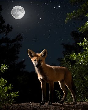 A dust toned maned wolf pup  fantasy animal experiment, fictional species in a full moon