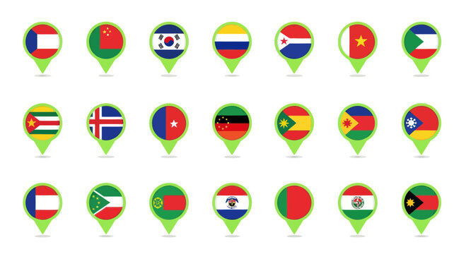 Collection of World Flags as Location Pins on White Background