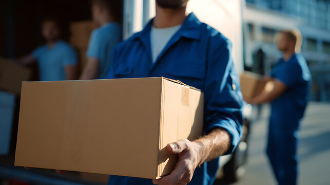 Close-up of a mover in blue uniform holding a cardboard box, with other workers in the background near a truck, representing efficient delivery and relocation services