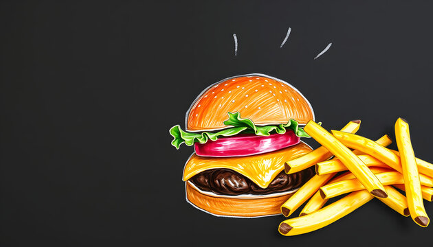 Tasty hamburger and french fries on a dark, crayon drawing. White tone