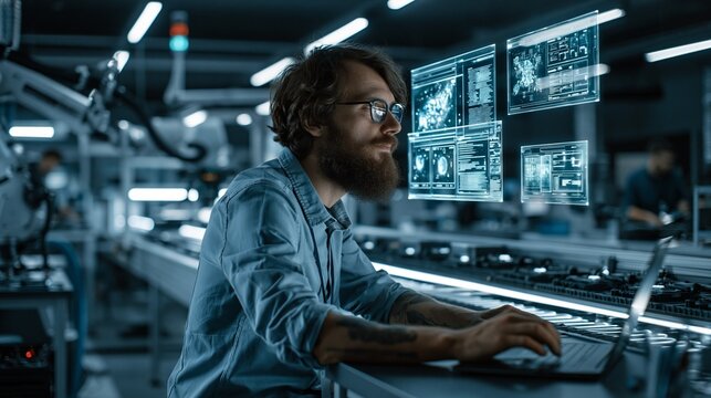 Engineer intently monitors AIpowered anomaly detection alerts on translucent floating screens above a conveyor belt in a dark neonlit futuristic manufacturing lab.