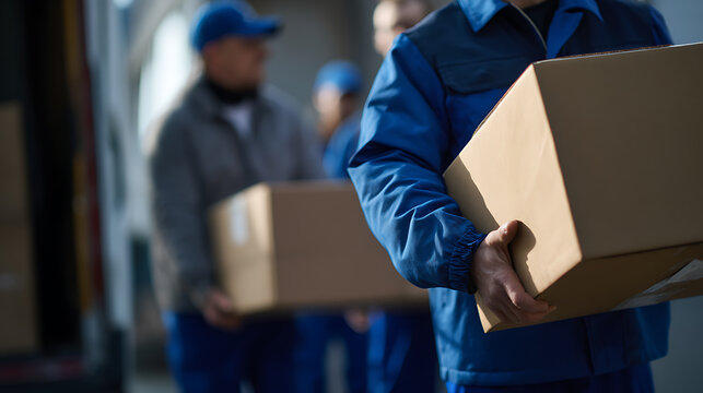 Delivery crew in blue uniform unload cardboard packages from a truck, focusing on a front worker's hands, illustrating efficient, reliable shipping and logistics