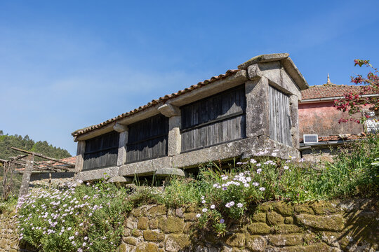 Traditional horreo granary building in rural galicia spain