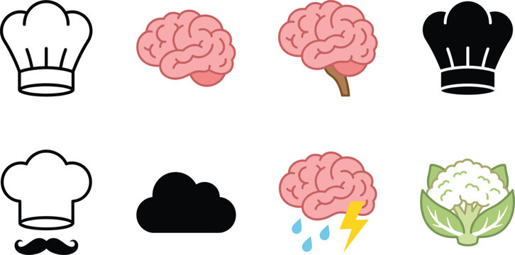 Professional icon set featuring chef hats mustache human brain anatomy storm clouds and healthy cauliflower for creative food concepts