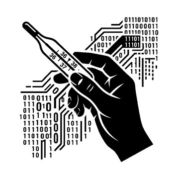 Black and white graphic illustration of a hand holding a medical thermometer with binary code background.