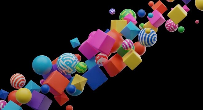 Playful Explosion of Colorful 3D Cubes and Patterned Spheres in Motion.
