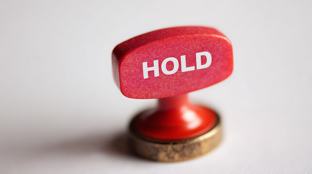 Red button or stamp with the word HOLD written on it, isolated on a clean white background, concept image for decision making or finance