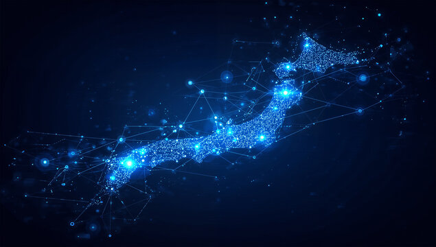 日本列島が光るデータ拠点として浮かぶ近未来のネットワーク素材