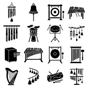 Collection of various percussion instruments in black and white silhouette style.