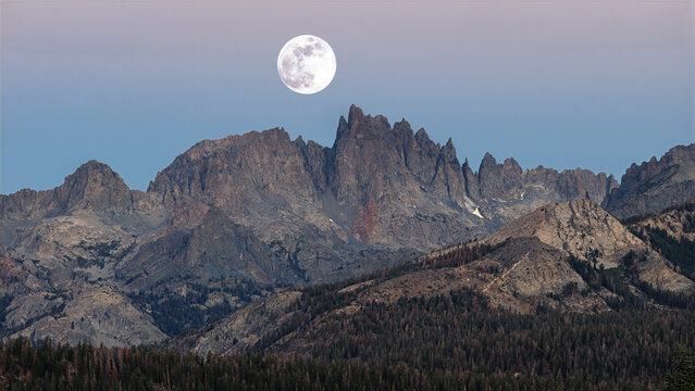 Moon setting behind the Minarets in Mammoth Lakes, California.