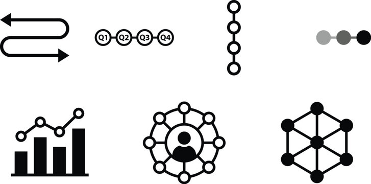Professional infographic icon set featuring timeline charts quarterly progress indicators bar graphs and complex network connection symbols for business data visualization