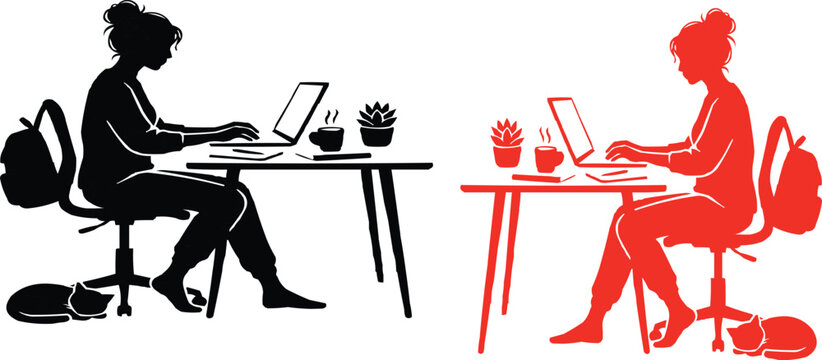 Silhouette of a Woman Working at Her Desk with a Cat and Backpack