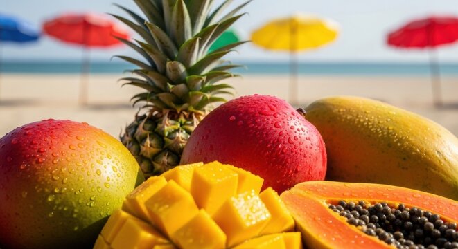 Closeup tropical fruit composition with dew covered mango, papaya and pineapple on a sunny beach with colorful umbrellas for summer banner or advertisement