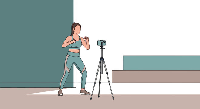 athletic woman kickboxing at home in front of phone on tripod, online fitness class