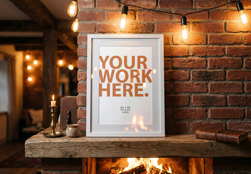 Vertical Photo Frame Mockup in loft interior with fireplace