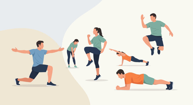 People Exercising: Dynamic Fitness Routine, Workout Illustration Set