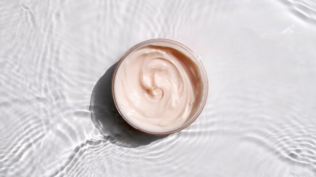 A jar of white cream on a water surface. Splash of water, sunlight and shadows. Layout for advertising goods, cosmetic products. Medical skin care, body care. High quality 4k footage