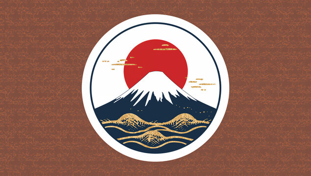 丸い枠の中に富士山と赤い太陽と金の雲を描いた和風紋章素材
